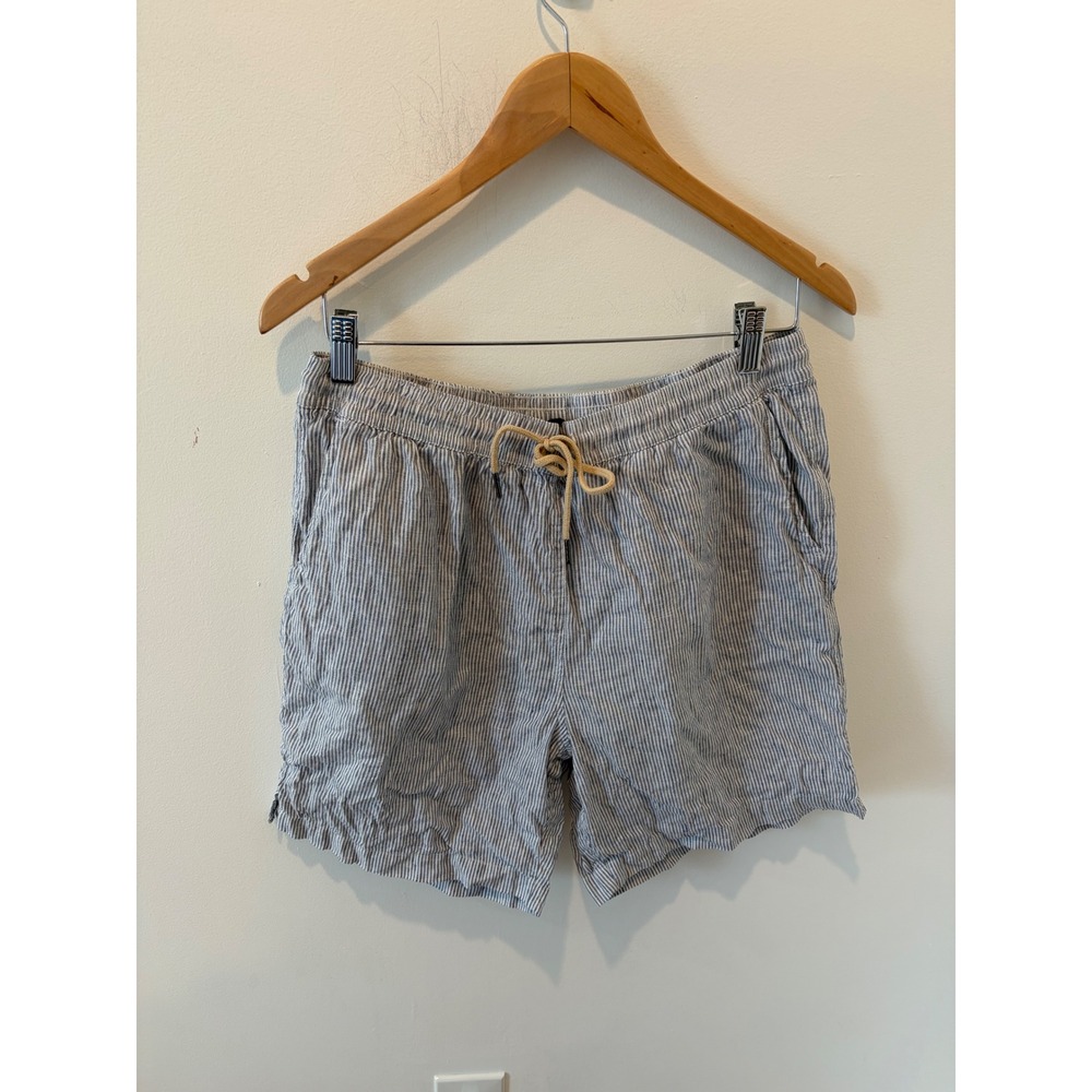 Quince Mens 100% European Linen Drawstring Beach Shorts 7" Blue Pinstripe M